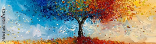 Colorful abstract painting of a tree representing four seasons transitioning from blue winter to red summer on a textured background.