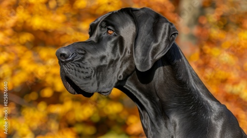  A tight shot of a black dog against a backdrop of an orange-yellow tree