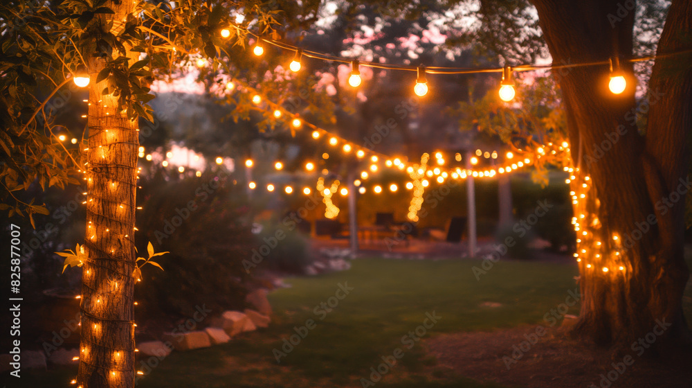 Twinkling string lights wrapping around a tree in a peaceful backyard scene at dusk