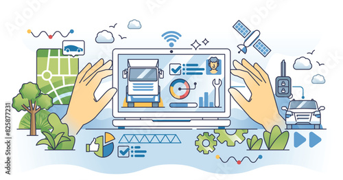 Fleet management software for effective monitoring outline hands concept. Logistics cargo vehicles location detection, fuel level check or efficiency research with remote app vector illustration.