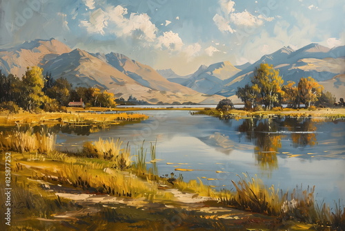 vintage muted colors oil painting of the countryside with a lake mountains in background and clear sky