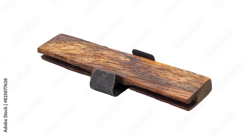 A wooden object, featuring a metal handle, placed on a plain white background A wooden object, featuring a metal handle, placed on a plain white background