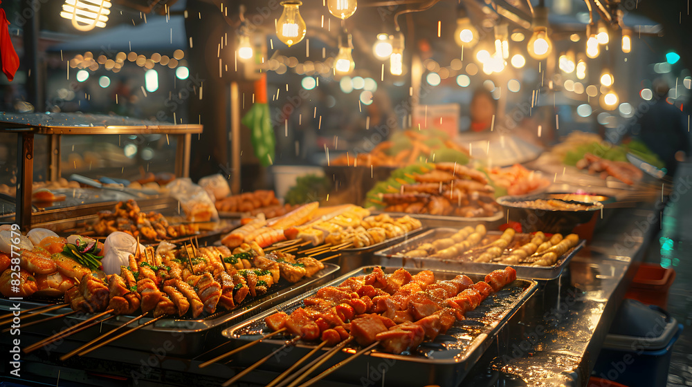 Vibrant Street Food Market Lights: High Resolution Image Capturing Lively Atmosphere of Street Food Tours with Glossy Backdrop Stock Photo Concept Vibrant Street Food Market Lights: High Resolution Image Capturing Lively Atmosphere of Street Food Tours with Glossy Backdrop Stock Photo Concept