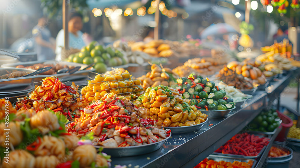 Glossy Street Food Market Overview: High Resolution Image Capturing Variety and Excitement of Street Food Tours