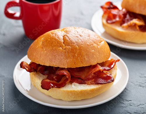 Bacon sandwich with ketchup red sauce in a bread english bun with coffee cup. English style bacon buttie