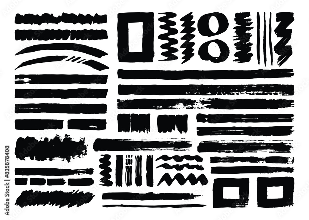 Black paint brush strokes texture element set. Ink brushes icon bundle. Abstract grunge hand drawn shape design. Lines, curve, circle, and square shapes template. Black paint brush strokes texture element set. Ink brushes icon bundle. Abstract grunge hand drawn shape design. Lines, curve, circle, and square shapes template.