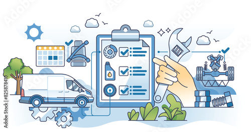 Fleet maintenance for logistic trucks working order outline hands concept. Transportation cargo vehicles annual service diagnostics like wheel or brakes check and oil change vector illustration.