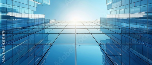 Modern glass skyscraper reflecting blue sky and sunlight. Futuristic architecture with a perspective view of upward-growing office buildings.
