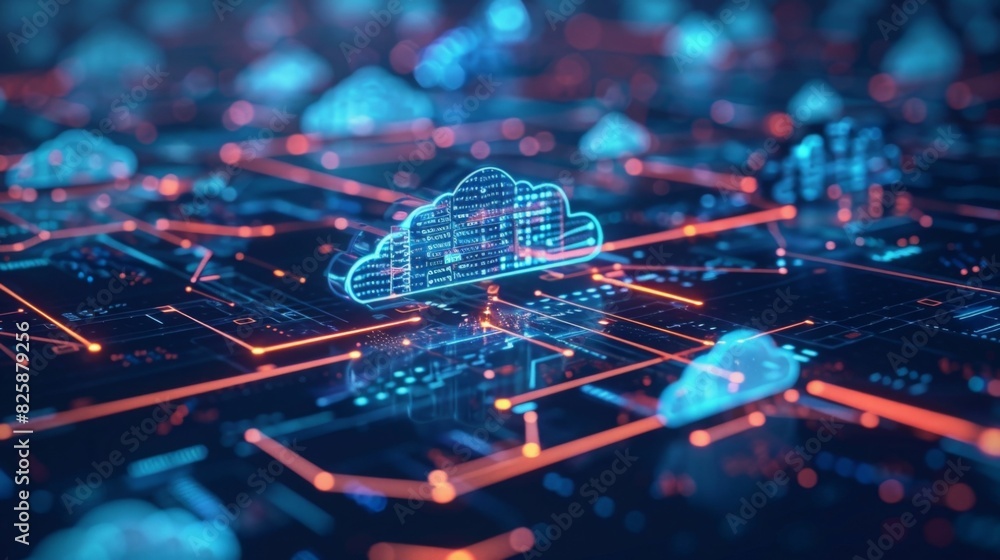 The image shows a glowing blue cloud with a circuit board pattern on a dark blue background with glowing orange lines The image shows a glowing blue cloud with a circuit board pattern on a dark blue background with glowing orange lines