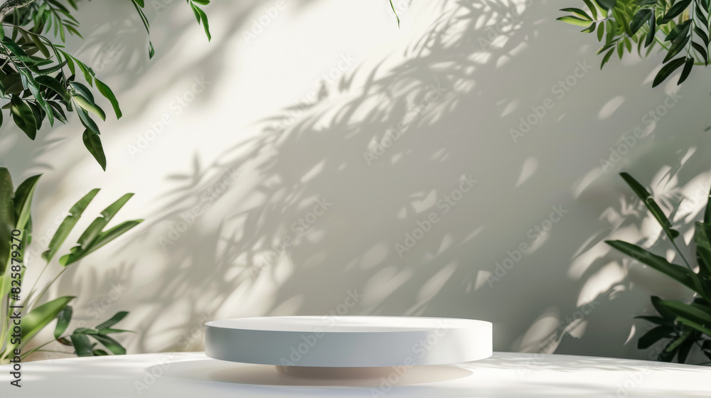A 3D product rendering of a sleek white podium, placed in front of an abstract, nature-inspired background A 3D product rendering of a sleek white podium, placed in front of an abstract, nature-inspired background