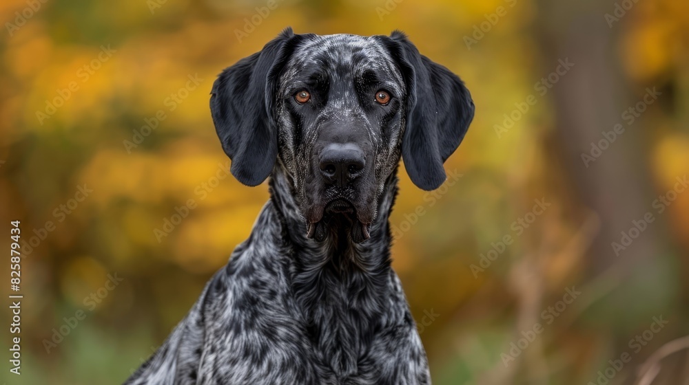 trees with yellow leaves, slightly out of focus The dog gazes directly into the lens trees with yellow leaves, slightly out of focus The dog gazes directly into the lens