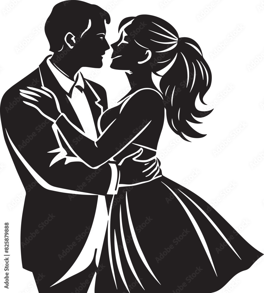 silhouette of a couple kissing illustration black and white