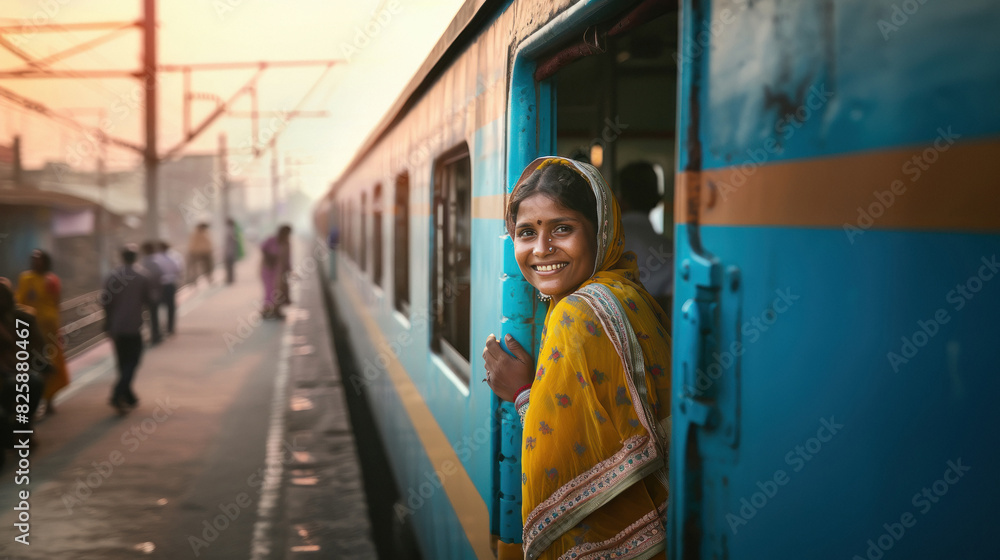 Indian woman smiling out of the train window