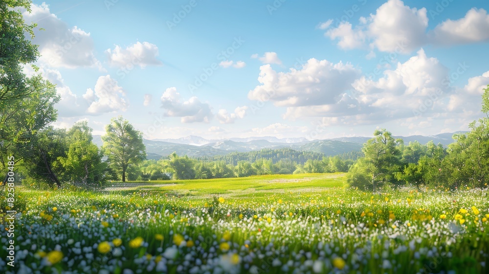Idyllic spring landscape with lush green meadows and blooming wildflowers under a bright blue sky dotted with white fluffy clouds.