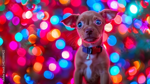  A small, brown dog stands before a Christmas tree, adorned with colorful lights A blue-eyed pooch sits in front, gazing at the camera © Mikus