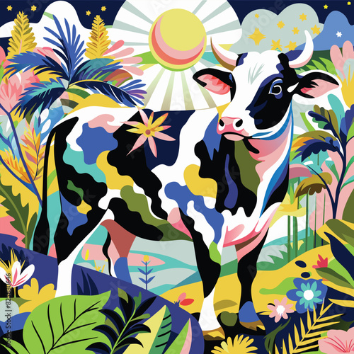 A Cow Stands in a Lush, Colorful Floral Landscape