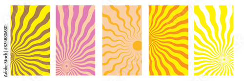Background line set with sun in 60s, 70s hippie style. Groovy retro yellow blue pink orange sunburst starburst with ray of light. Trendy colorful graphic print. Sunny template. Flat design.