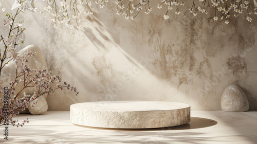 A 3D render of a white stone podium, elegant and smooth, with an abstract nature background