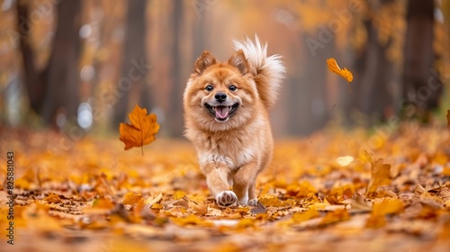  A small  brown dog runs through a forest of leaf-covered trees Yellow and orange leaves populate the foreground The dog  with its mouth open  hurdles forward