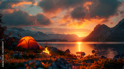 Stunning Sunset Campsite: High Resolution Image of Tent and Campfire Against Glossy Backdrop, Symbolizing the End of a Day s Adventure in Backpacking   Photo Stock Concept photo