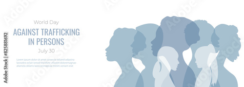 World Anti-Trafficking Day banner.Vector illustration with silhouettes of people.