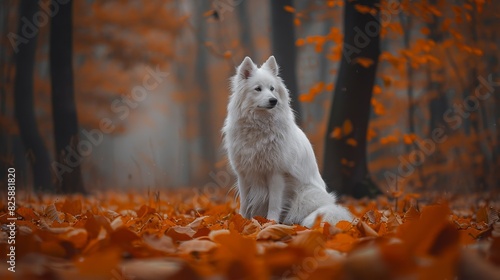  A white dog sits amidst an orange-leafed forest  surrounded by trees shedding their vibrant autumn foliage