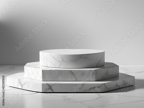 White marble podium product mockup with stone for cosmetic product presentation stage showcase display