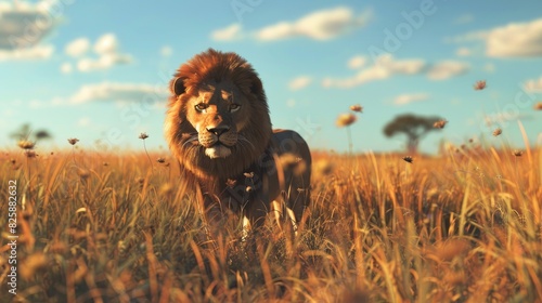 A male lion roaming the savannah