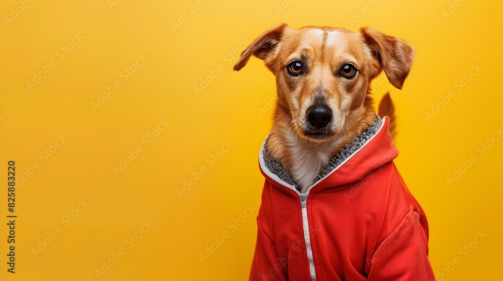 Sports ClothesWearing Dog Playfully Bowls on Yellow Background