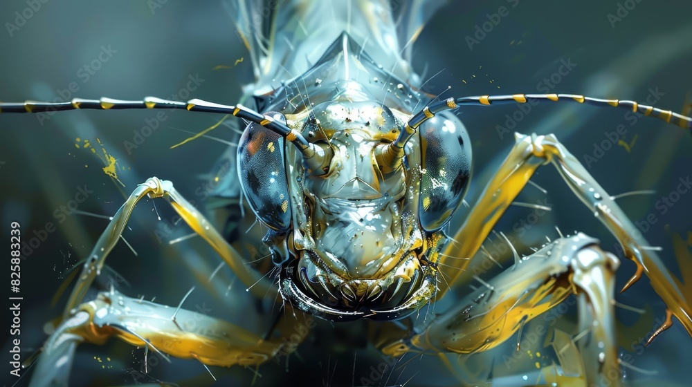 A close-up of a bug with yellow spots covering its black back legs, and a yellow stripe adorning its black head A close-up of a bug with yellow spots covering its black back legs, and a yellow stripe adorning its black head