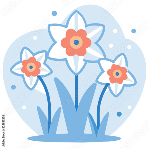 Three White Flowers with Orange Centers and Blue Leaves