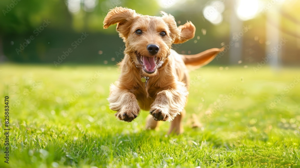 A small brown dog runs through a field of grass with its mouth wide open, tongue out A small brown dog runs through a field of grass with its mouth wide open, tongue out