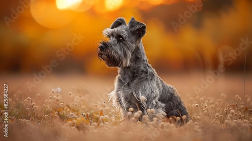  A small gray dog sits in a field of tall grass as the sun sets  its background softly blurred