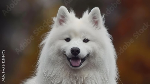  A close-up of a white dog with its mouth open and tongues out, showing its hanging tongue © Mikus