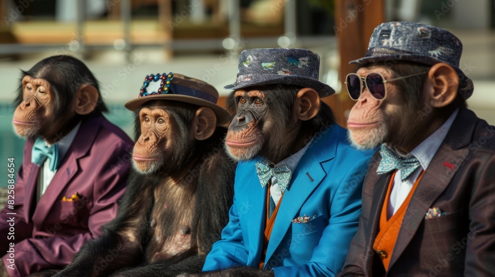 Stylish primates in hats and suits posing outdoors