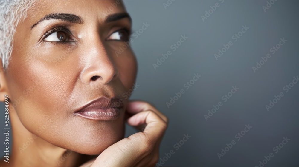 Thoughtful mature woman with short gray hair gazing upward Thoughtful mature woman with short gray hair gazing upward