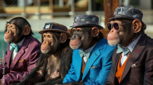 Stylish primates in hats and suits posing outdoors © volga
