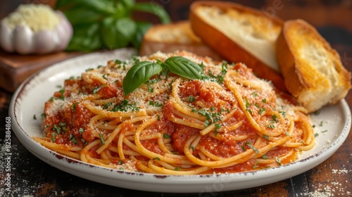A delicious plate of spaghetti topped with rich tomato sauce, garnished with fresh basil and grated cheese, accompanied by slices of garlic bread.