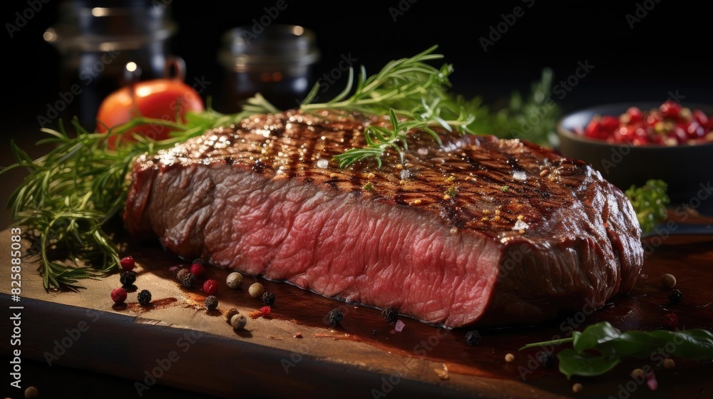 Grilled steak with melted barbeque sauce on a black and blurry background Grilled steak with melted barbeque sauce on a black and blurry background