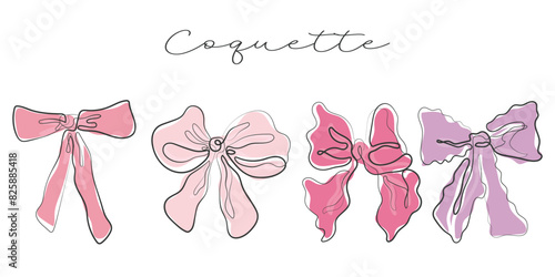 Hand drawn line art vector of coquette bows. Coquette girly elements.