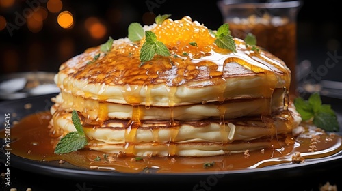 Close-Up of pile of pancakes with melted sweet syrup and fruit toppings with a blurred background photo