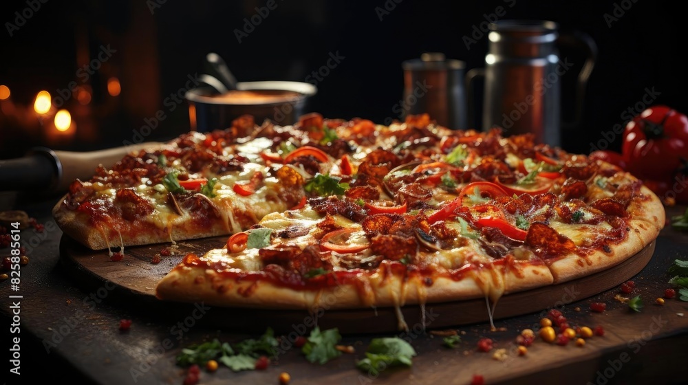 full pizza with vegetables and meat on wooden table with blur background