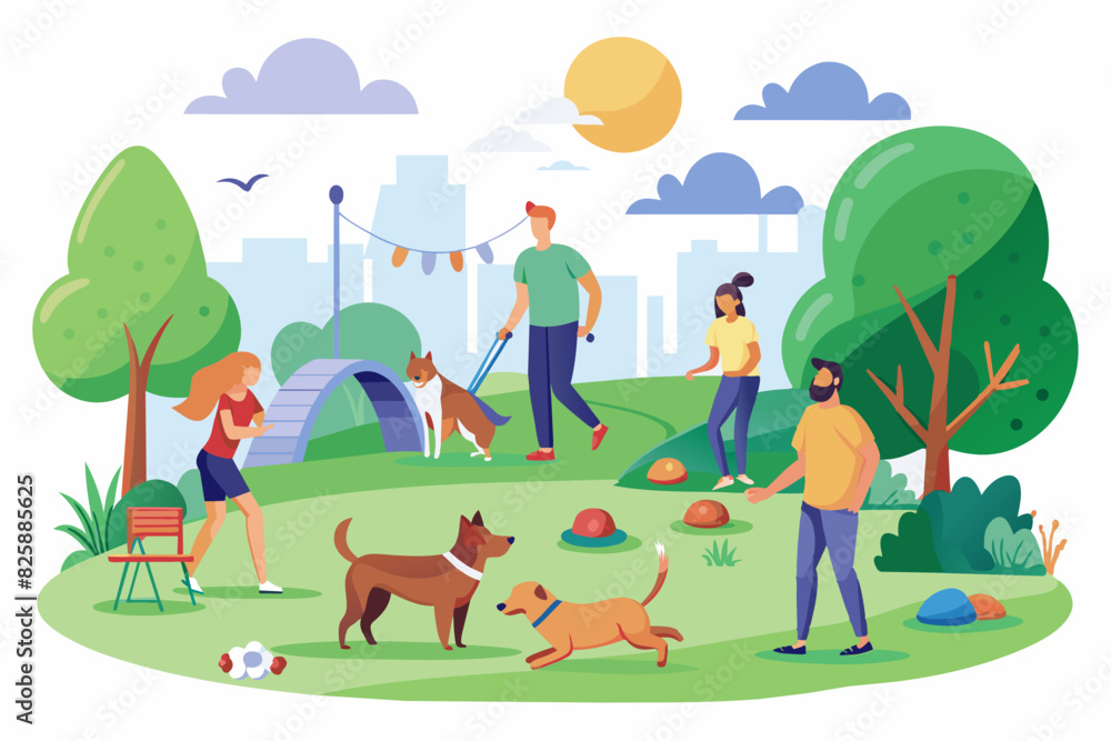 People Walking Dogs and Playing in a Park. Cartoon illustration of people walking dogs and playing in a pet-friendly park with trees and a sunny background People Walking Dogs and Playing in a Park. Cartoon illustration of people walking dogs and playing in a pet-friendly park with trees and a sunny background