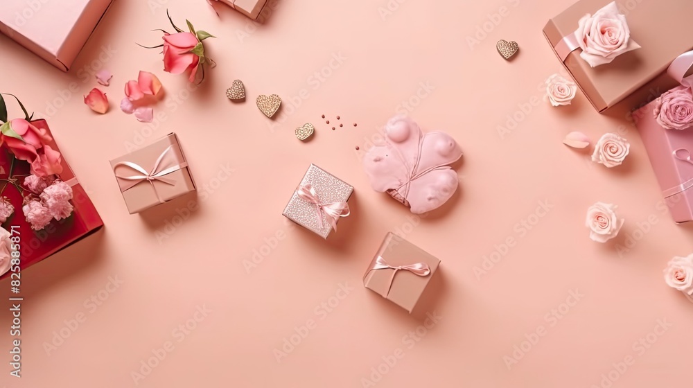 Top View of Valentine day banner design of a collection of Gift box and pink flowers on pink pastel background Top View of Valentine day banner design of a collection of Gift box and pink flowers on pink pastel background