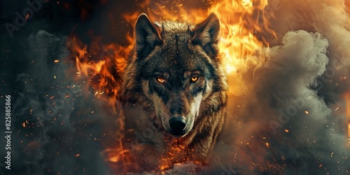 Double exposure Portrait Poster for a forest fire inside a wolf 
