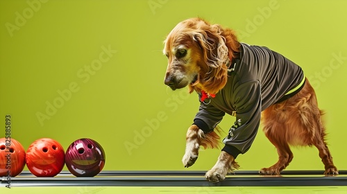 Sports Clothes Wearing Dog Playing Bowling Game on Lime Background photo