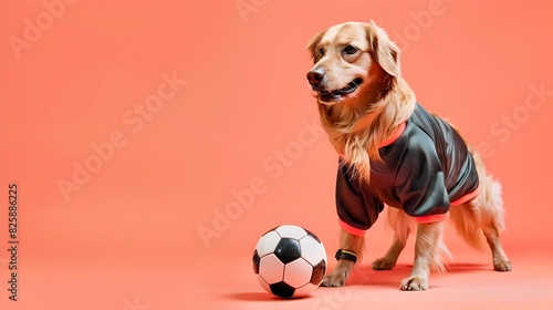 Sports Enthusiast Dog Playing Soccer on Vibrant Coral Backdrop photo