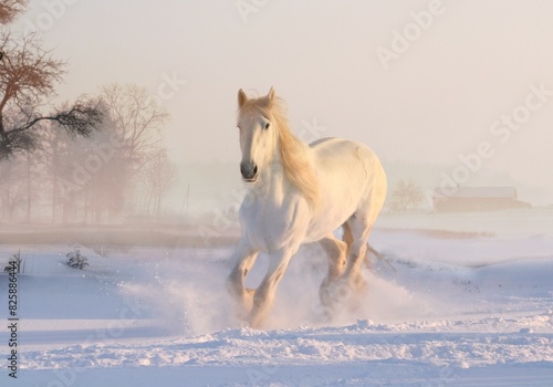 a white horse was running  on a snowdrift