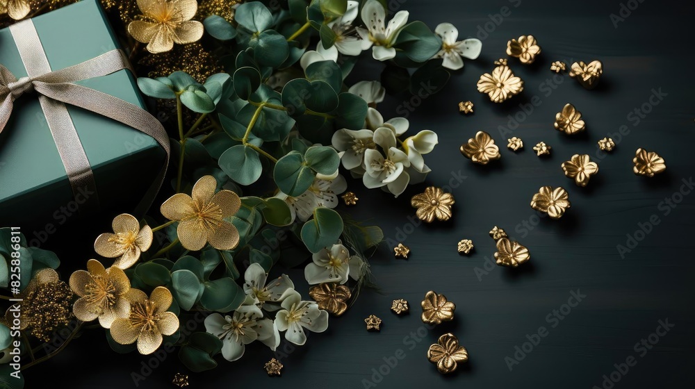 St Patrick's background with gift box , gold coins and green leaves for banner or poster design St Patrick's background with gift box , gold coins and green leaves for banner or poster design