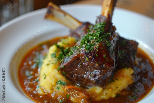 Lamb Shank with Creamy Polenta and Gremolata, Braised lamb shank, glistening with a rich sauce, rests on creamy polenta